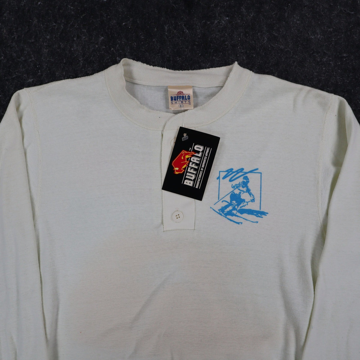 Buffalo Shirts Henley Shirt Medium Vintage 90s Skier Graphic Long Sleeve Cream - take2supply