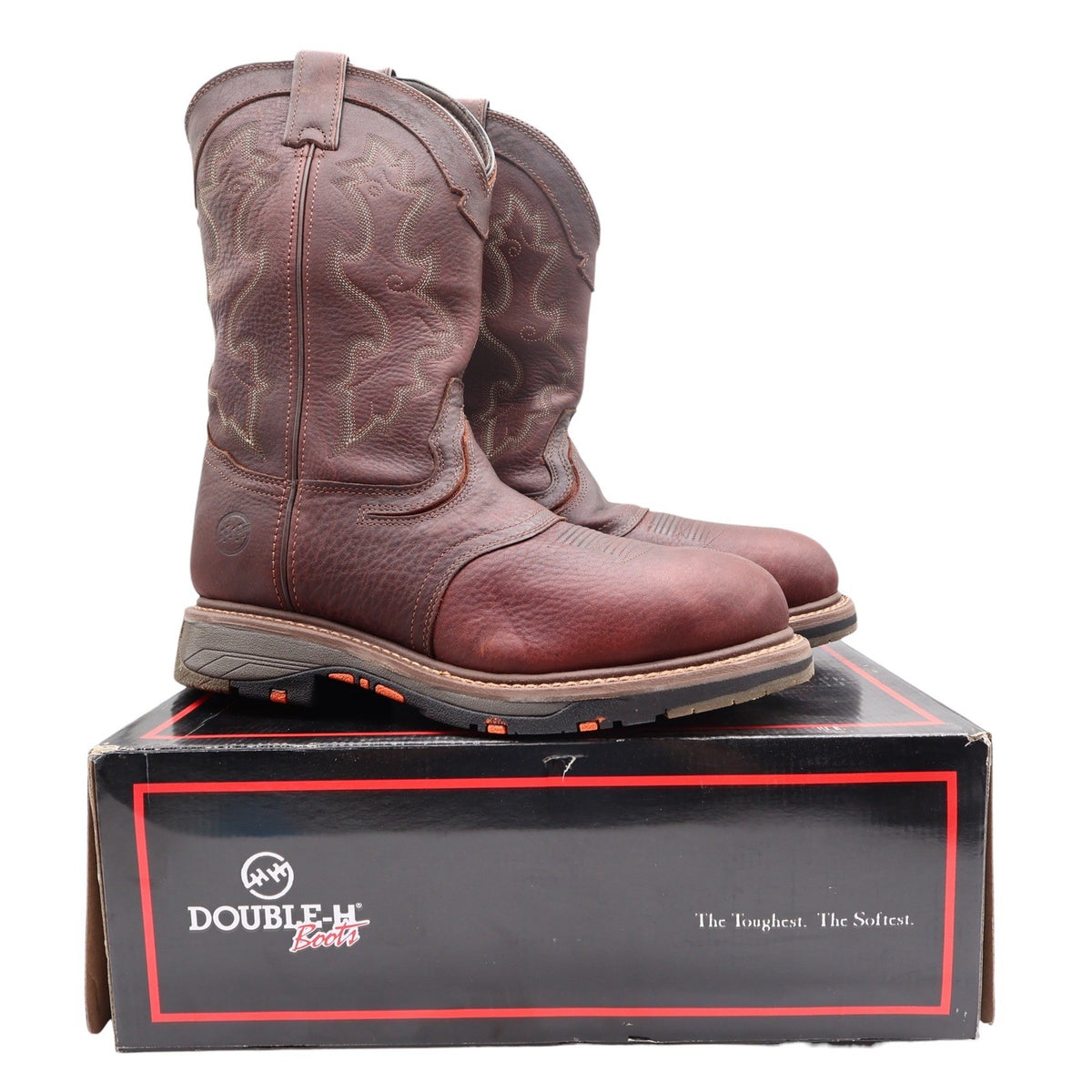 Pair of brown Double-H western boots with decorative stitching displayed on a Double-H shoebox