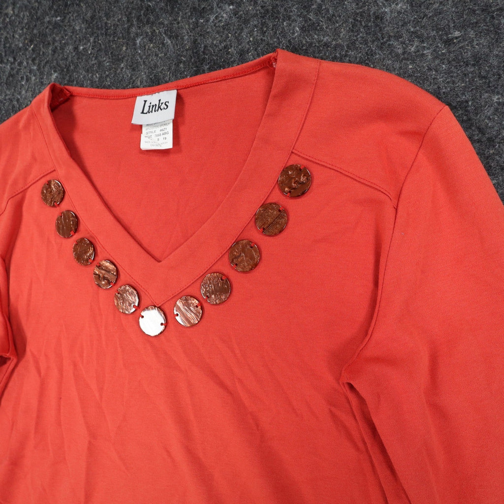 Links 3/4 Sleeve V-Neck Top Small Vintage Y2K Red Beaded Embellished - take2supply