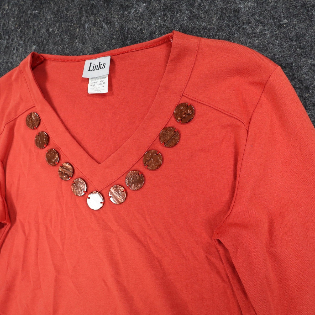 Links 3/4 Sleeve V-Neck Top Small Vintage Y2K Red Beaded Embellished - take2supply