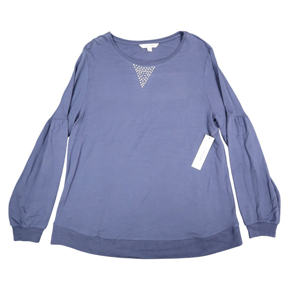 Erin London Top Womens L Blue Viscose Spandex Rhinestone Puff Sleeve NWT - take2supply