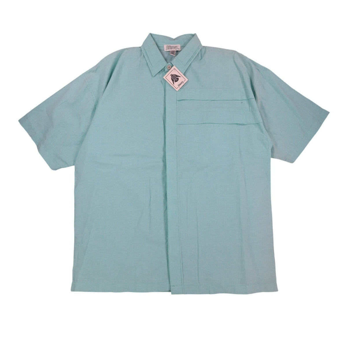 Front view of an aqua blue Alexxus short-sleeve shirt with horizontal chest pleats