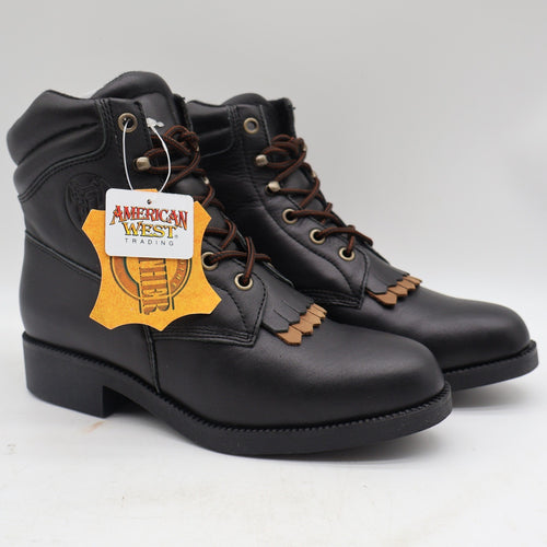 Black American West Saddle Brand lace-up boots, angled front view with hangtag