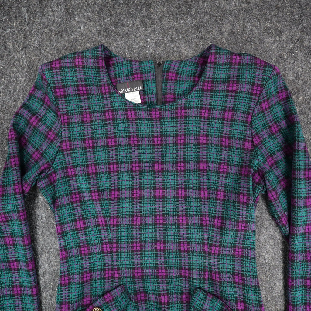 My Michelle Plaid Dress Womens 13/14 Vintage 90s Purple Green Long Sleeve Mini - take2supply