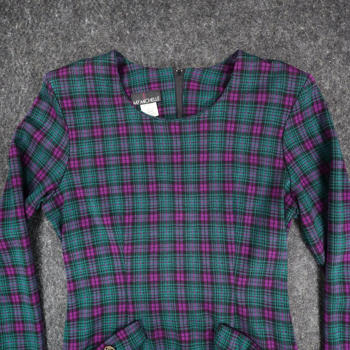 My Michelle Plaid Dress Womens 13/14 Vintage 90s Purple Green Long Sleeve Mini - take2supply