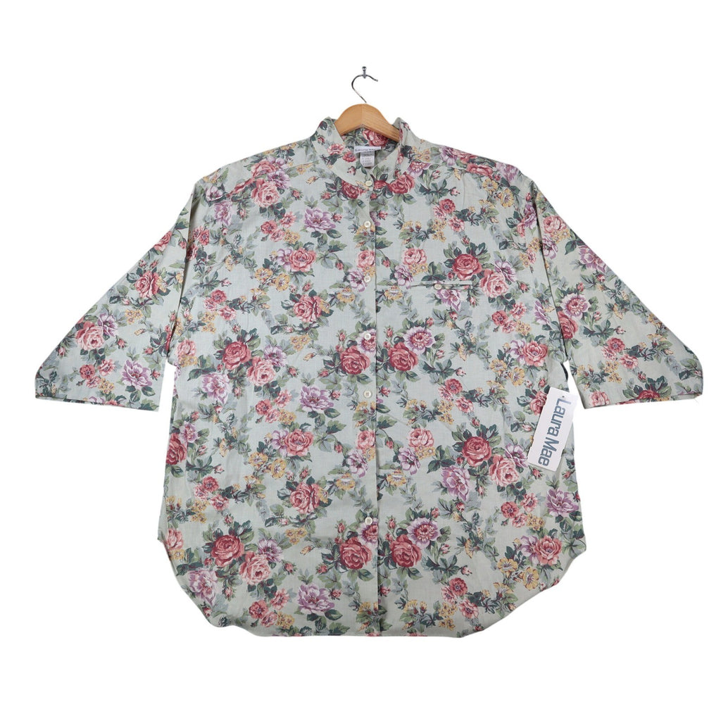 Laura Mae Floral Blouse Womens 20W Vintage 90s Cotton Sage Green Deadstock NWT - take2supply