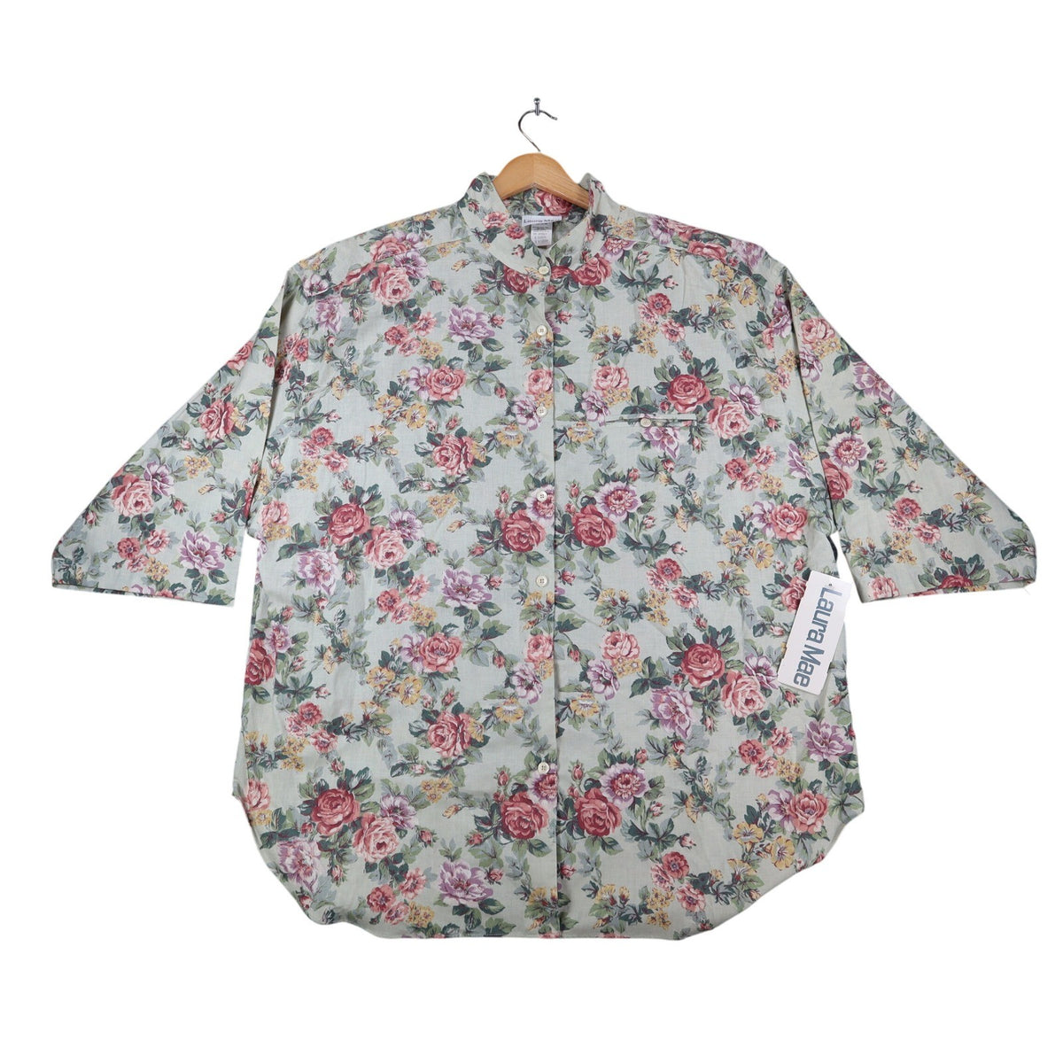 Laura Mae Floral Blouse Womens 20W Vintage 90s Cotton Sage Green Deadstock NWT - take2supply
