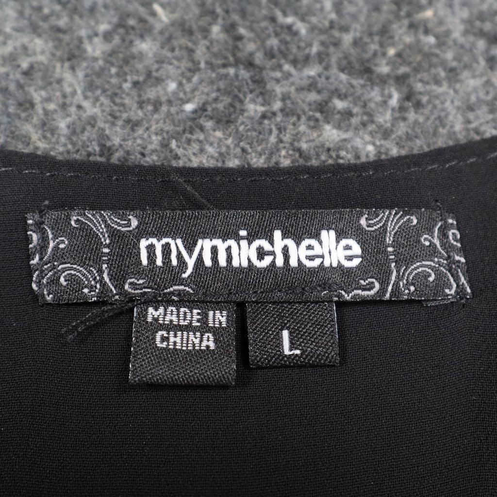 mymichelle Sleeveless Blouse Large White Black Bow Chiffon Faux Wrap Top - take2supply