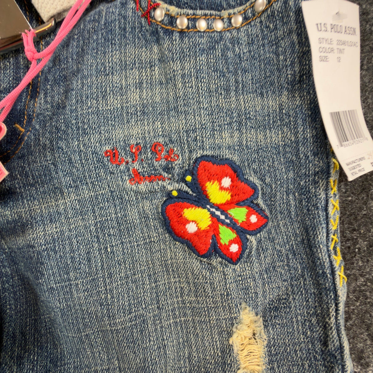 US Polo Assn Y2K Butterfly Jeans Girls 12 Blue Denim Flare Belted USPA NWT - take2supply