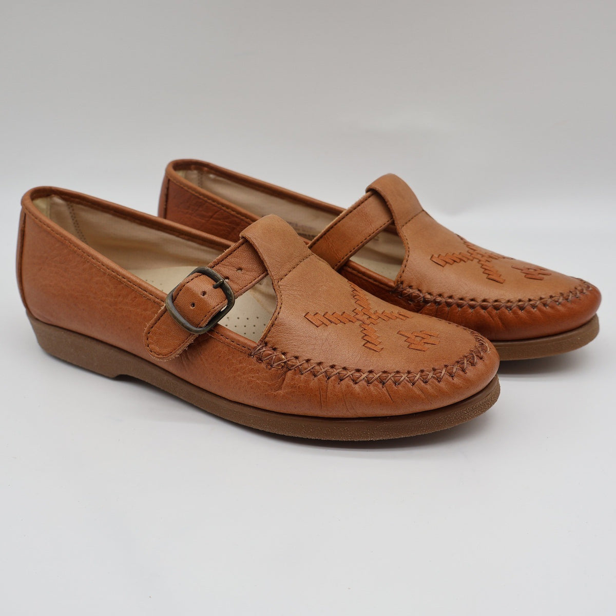 Soft Spots Reina Loafers Womens 6.5 Vintage Peanut Brown Leather T-Strap Shoes - take2supply