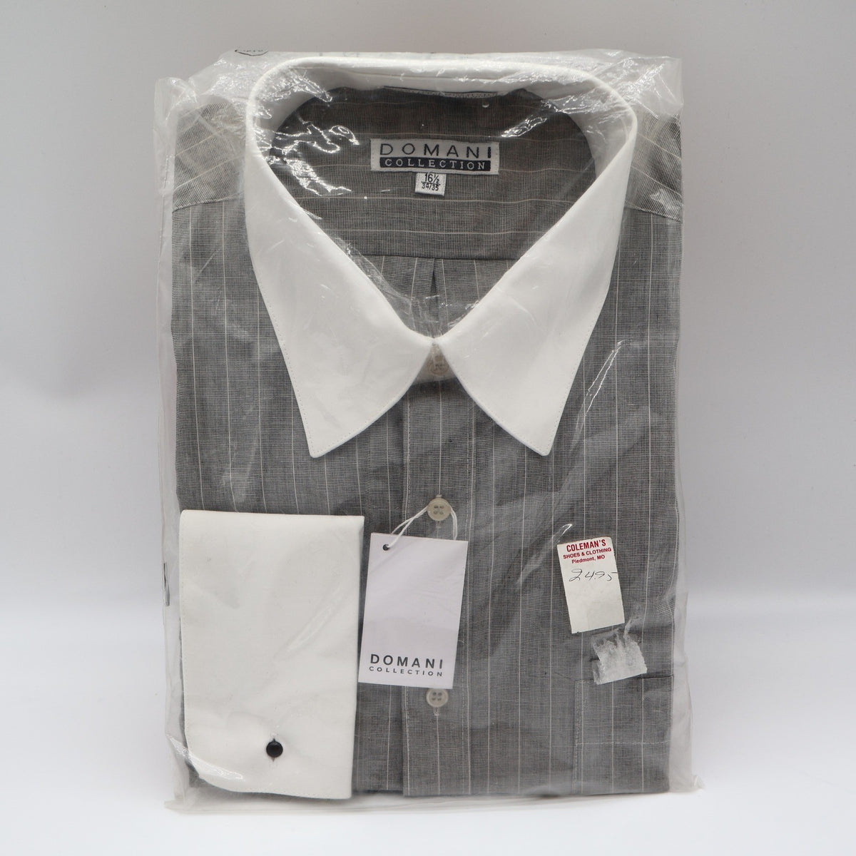 Domani Collection Dress Shirt Mens 16.5 34/35 Grey Grid French Cuff Contrast - take2supply
