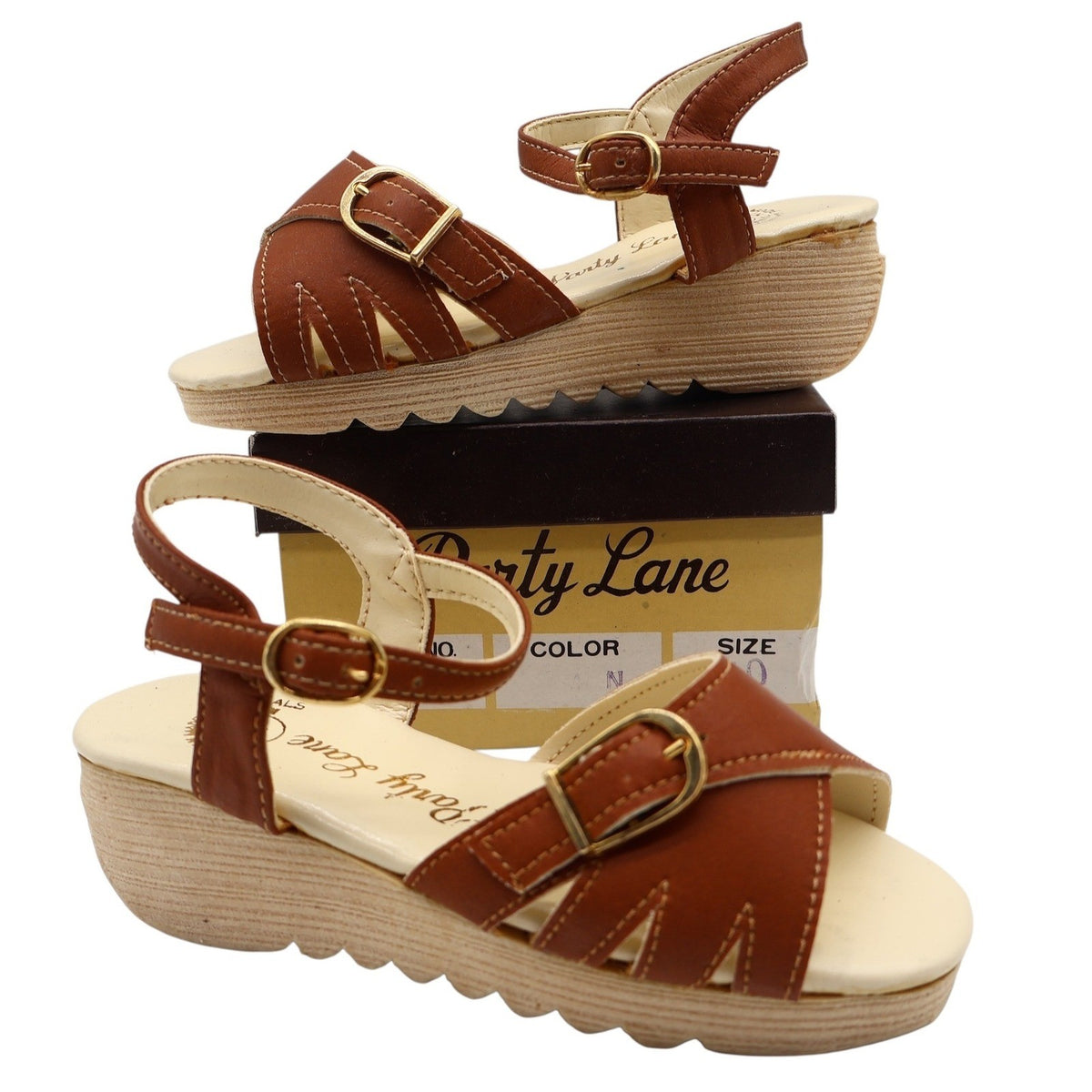 Party Lane Wedge Sandals Toddler Size 10 Vintage Brown Faux Leather Deadstock - take2supply