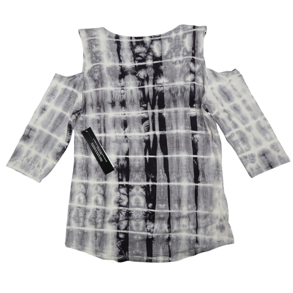 Tribal Cold Shoulder Top Womens Small Gray White Tie Dye Rayon Stretch V-Neck - take2supply