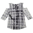 Tribal Cold Shoulder Top Womens Small Gray White Tie Dye Rayon Stretch V-Neck - take2supply
