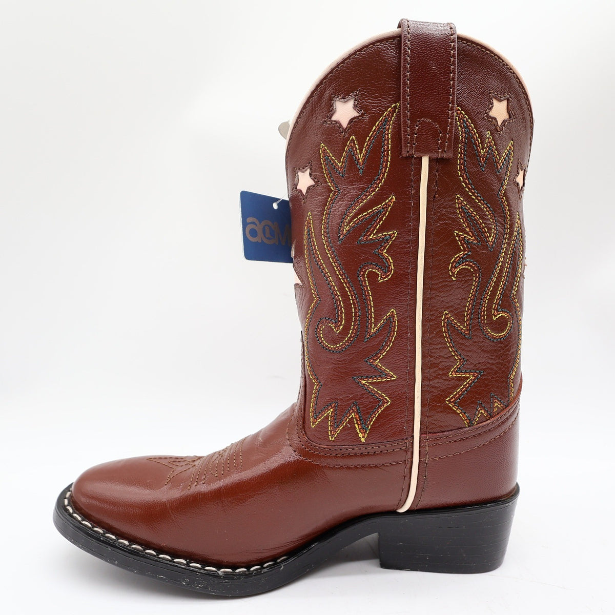 Acme Western Boots Childs 1 D Brown Star Inlay Leather New In Box Vintage Style - take2supply
