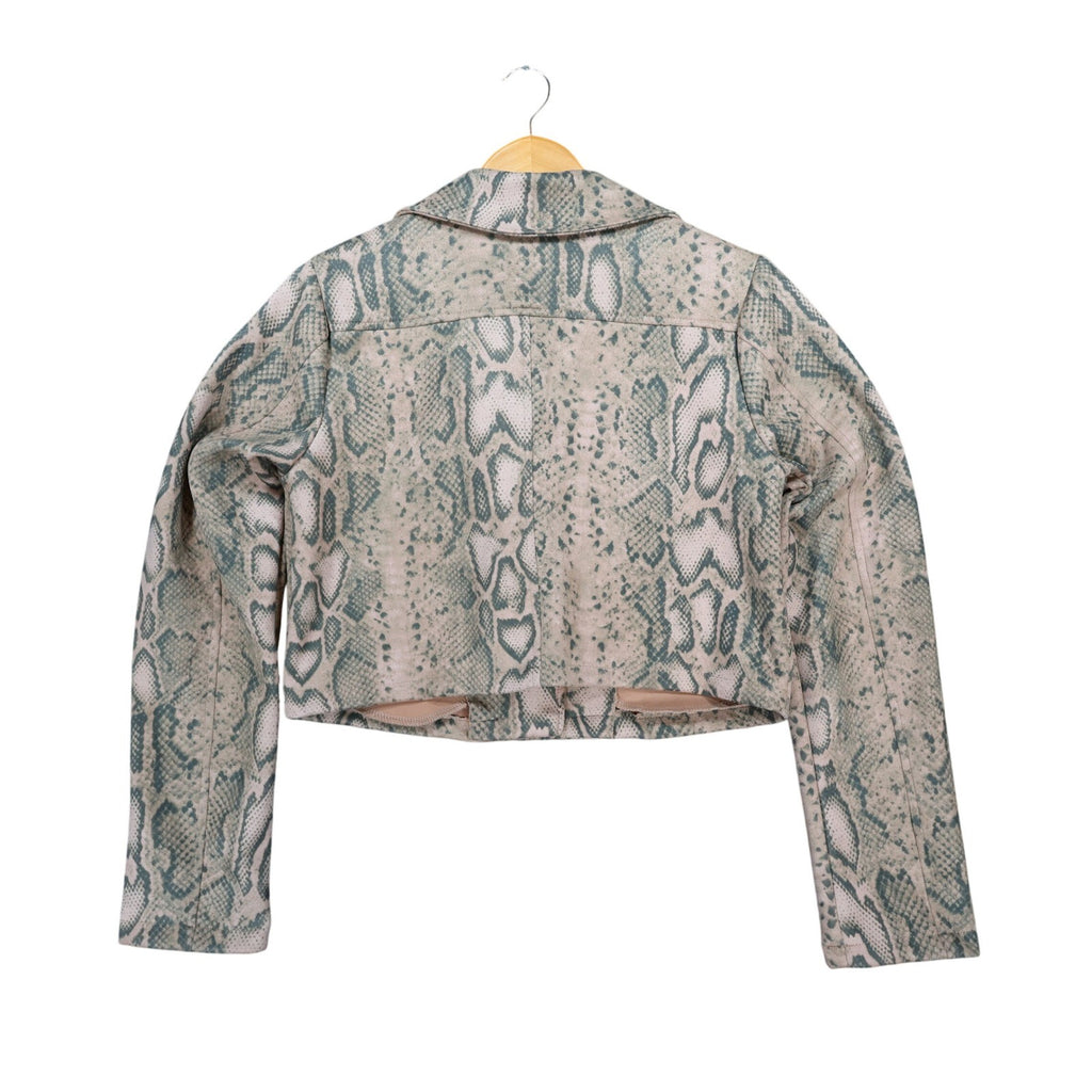 Tan and green Anna Cai snakeskin-print cropped jacket, back view on hanger