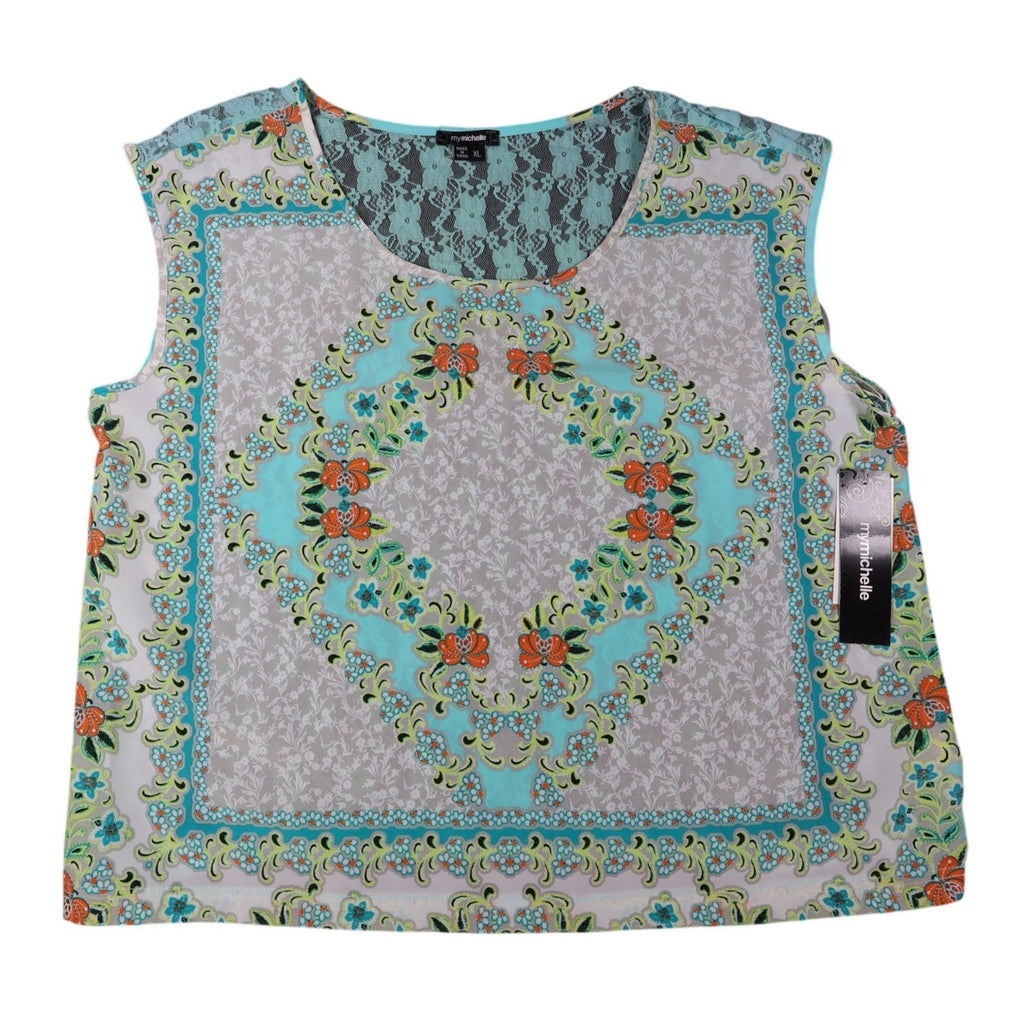 mymichelle Blouse XL Womens Aqua Blue Lace Back Scarf Print Sleeveless Top NEW - take2supply