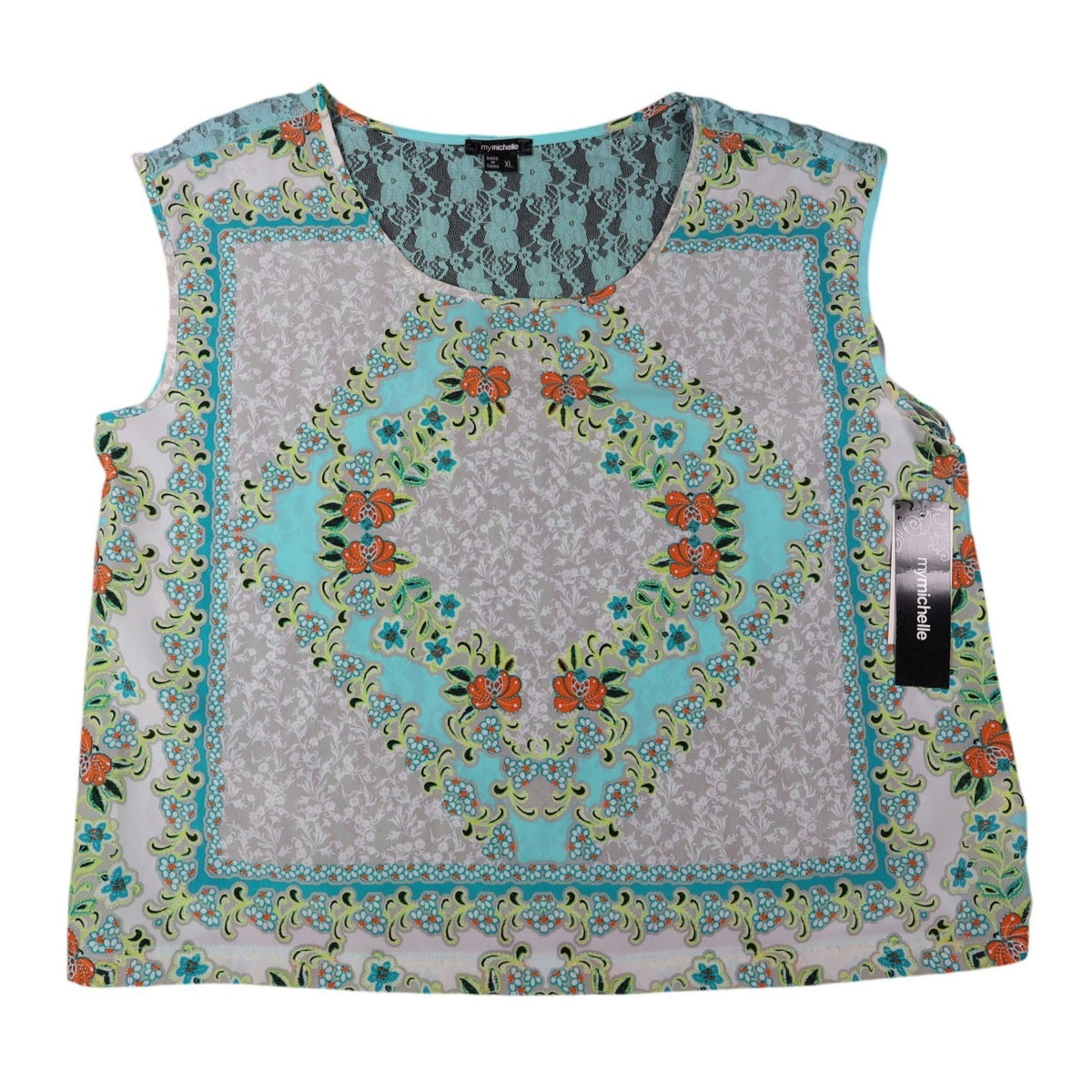 mymichelle Blouse XL Womens Aqua Blue Lace Back Scarf Print Sleeveless Top NEW - take2supply