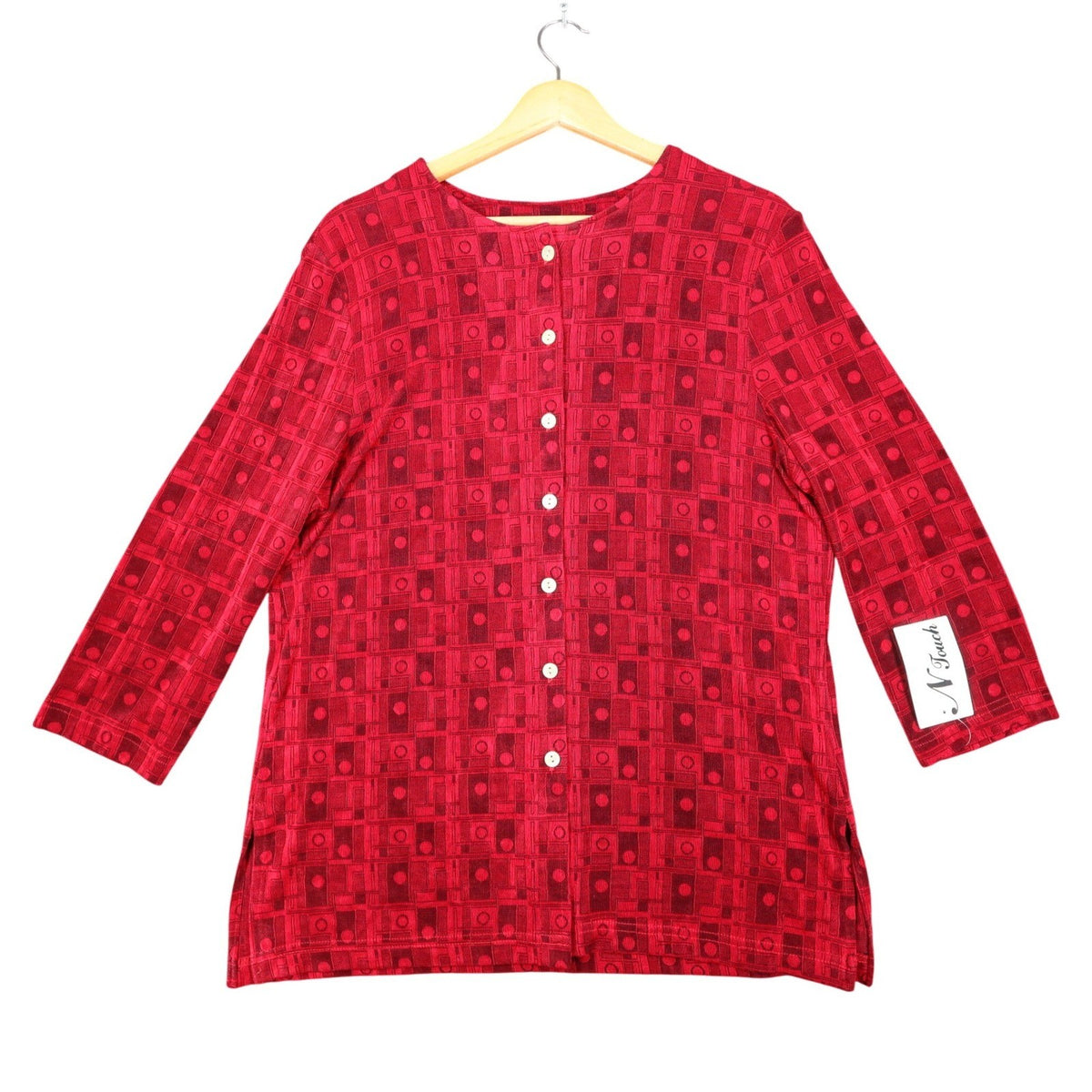 N Touch Blouse Womens Medium Vintage Red Black Geometric Button Front 3/4 Sleeve - take2supply