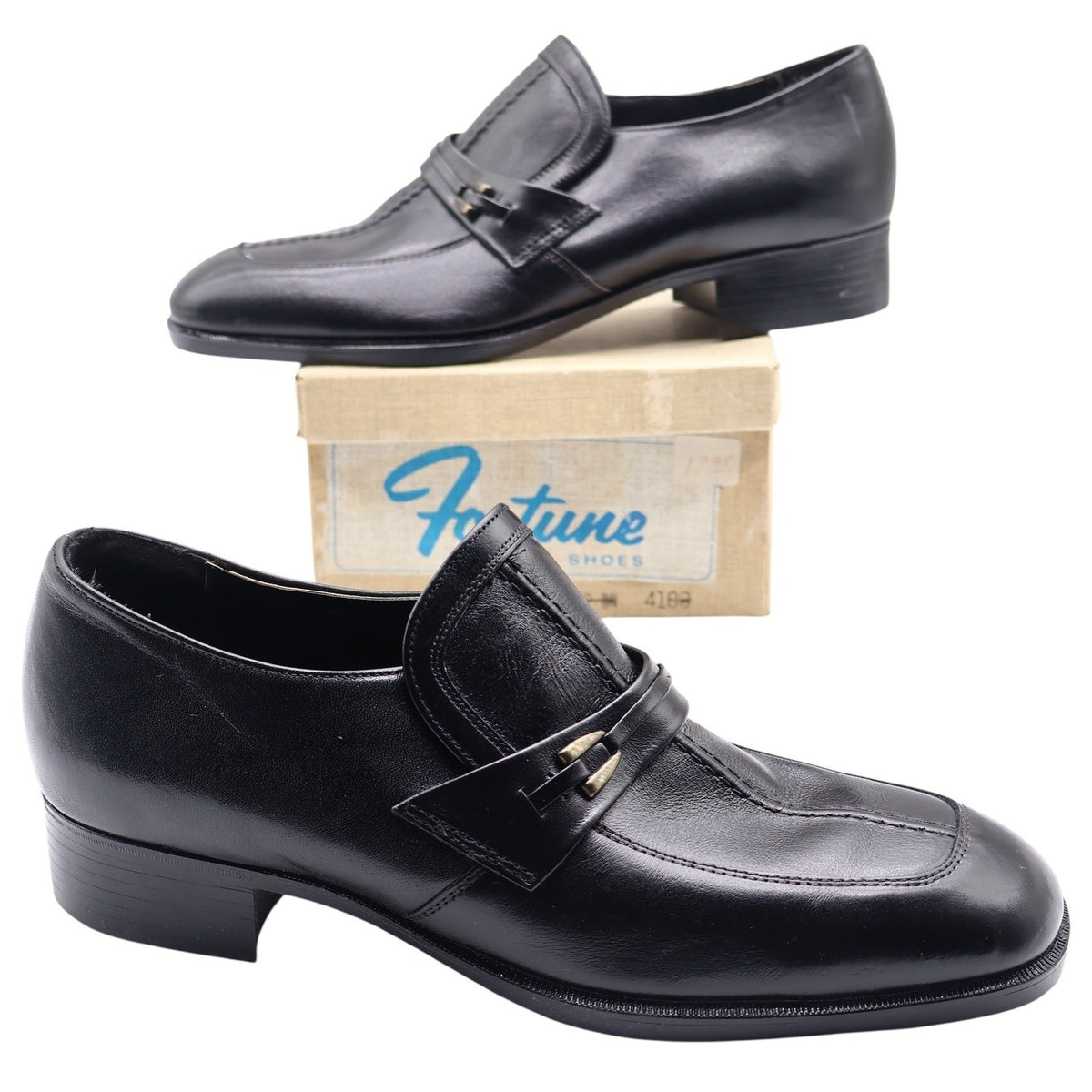 Fortune Shoes Loafers Mens 10 Vintage 70s Black Leather Square Toe Deadstock - take2supply