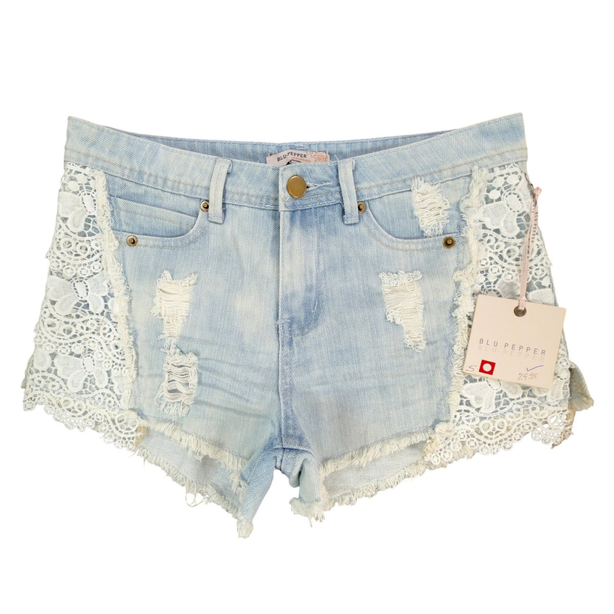 Front of light-wash Blu Pepper denim shorts with white lace side panels and distressed patches