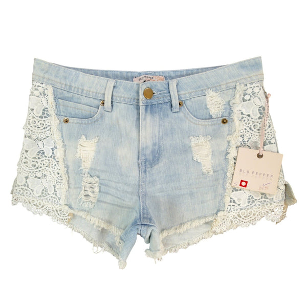 Blu Pepper Y2K Distressed Lace Denim Shorts Womens Small Light Wash NWT NEW - take2supply