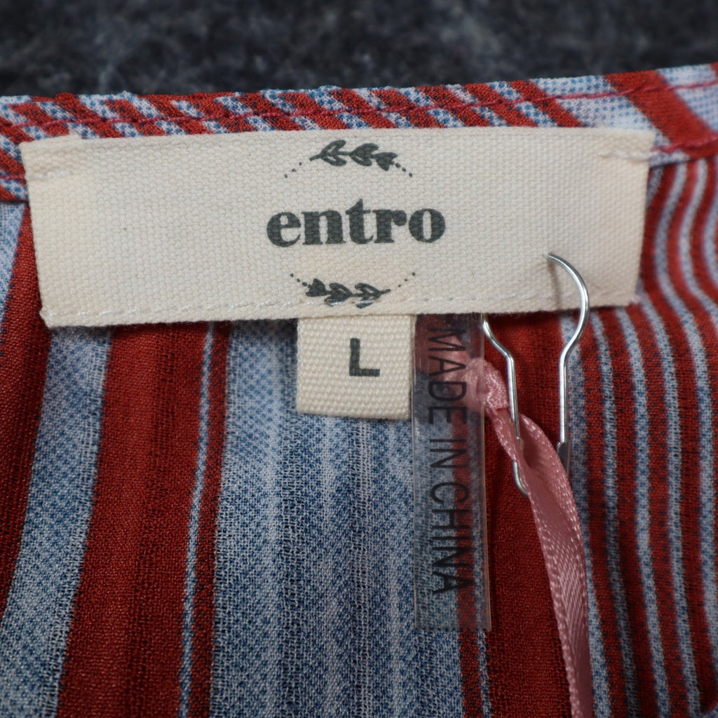 Entro Striped Front Tie Blouse Womens Size L Red Blue Bell Sleeve Top NEW - take2supply