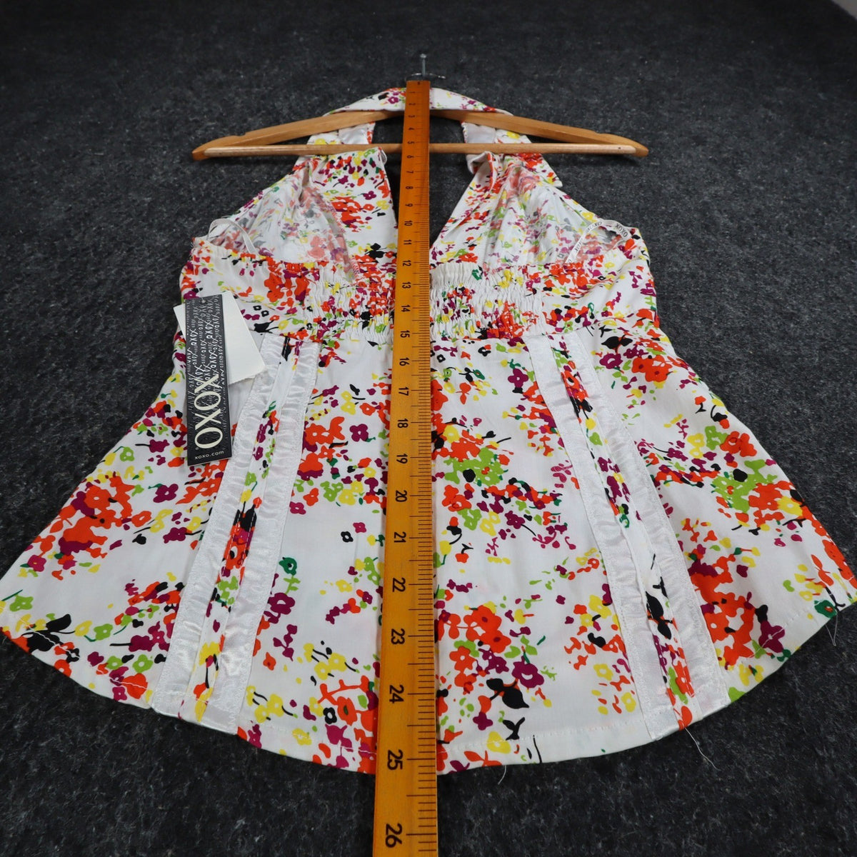 XOXO Halter Top Womens Medium Y2K White Floral Cotton Pleated Smocked NWT - take2supply