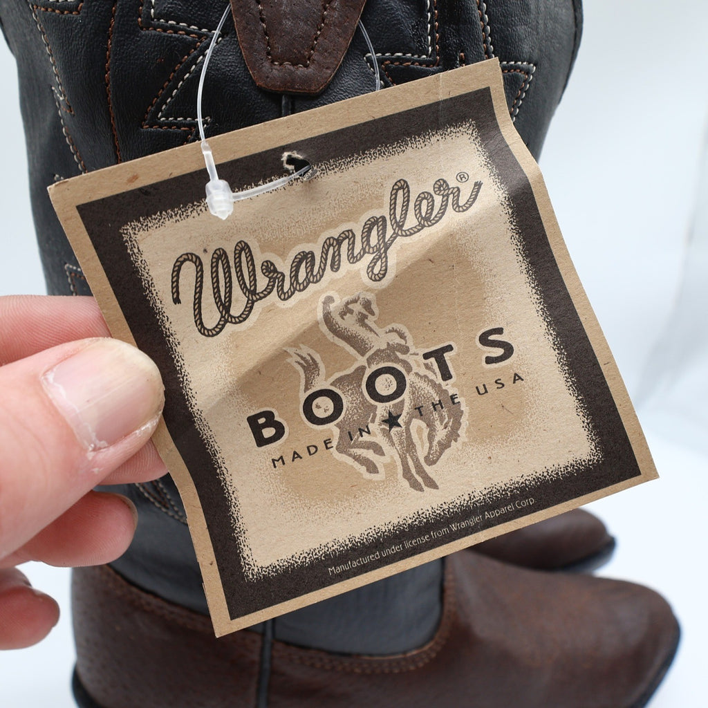 Wrangler Vintage Western Boots Youth 4.5 D Old Brown Leather Black NWT USA Made - take2supply