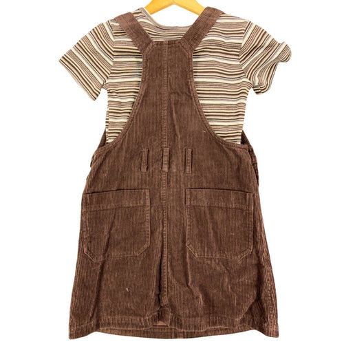 Brown Amy Too corduroy jumper dress with striped short-sleeve top, back view on hanger