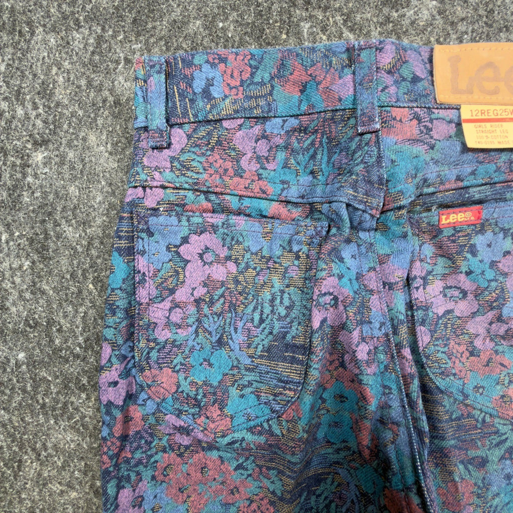 Lee Vintage 90s Floral Jeans Girls 12 Reg Blue USA Made NOS NWT 25 Waist - take2supply