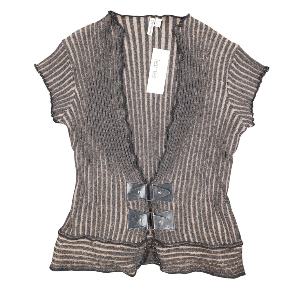 Chic Knits Lanalee Cardigan Large Y2K Taupe Striped Buckle Lettuce Edge NEW - take2supply