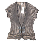 Chic Knits Lanalee Cardigan Large Y2K Taupe Striped Buckle Lettuce Edge NEW - take2supply
