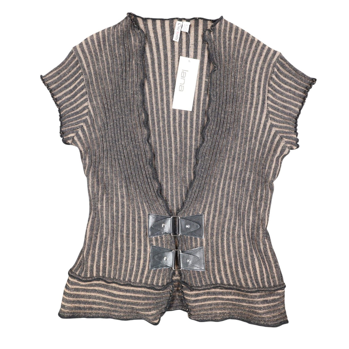 Chic Knits Lanalee Cardigan Large Y2K Taupe Striped Buckle Lettuce Edge NEW - take2supply