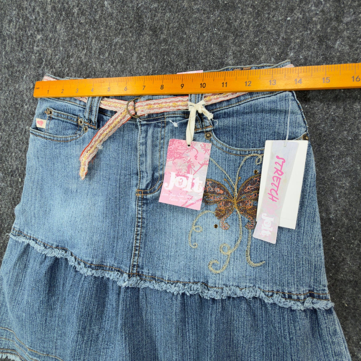 Jolt Y2K Butterfly Denim Skirt Girls 14 Blue Tiered Ruffle NWT - take2supply
