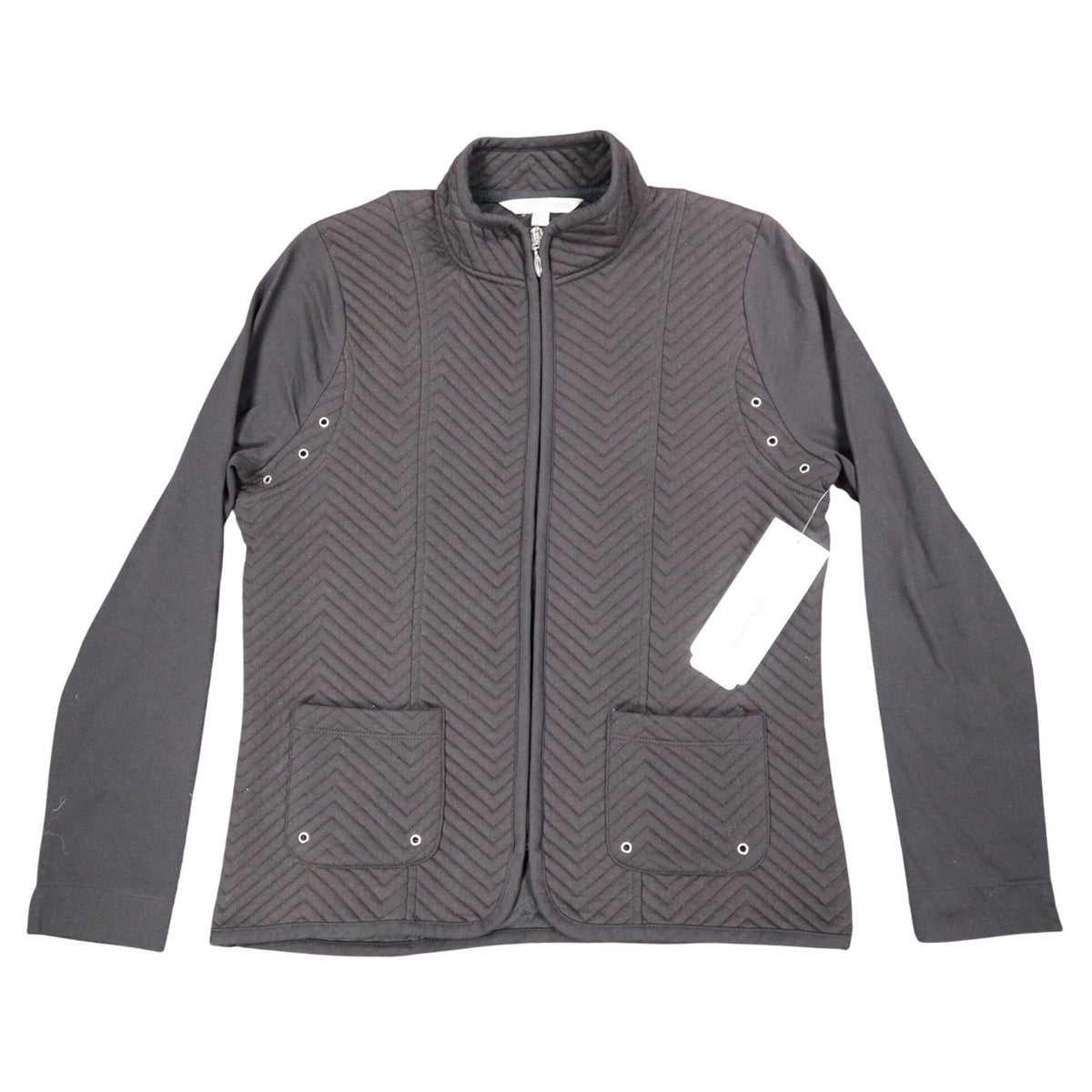 Erin London Quilted Zip Jacket Womens Small Black Chevron Mock Neck Grommet NEW - take2supply