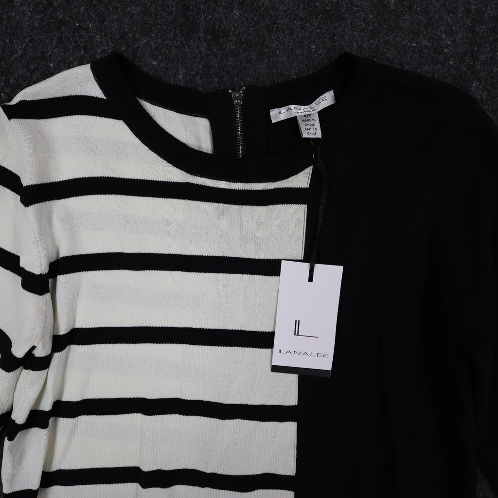 Lana Lee Tunic Sweater Womens Large Black White Striped Colorblock Zip Back New - take2supply