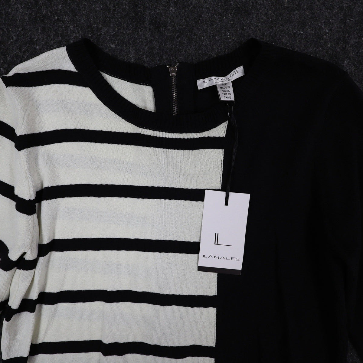 Lana Lee Tunic Sweater Womens Large Black White Striped Colorblock Zip Back New - take2supply