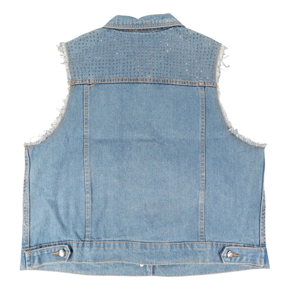 Vocal Denim Vest Womens XL Blue Cotton Studded Rhinestone Frayed Raw Edge Vest - take2supply