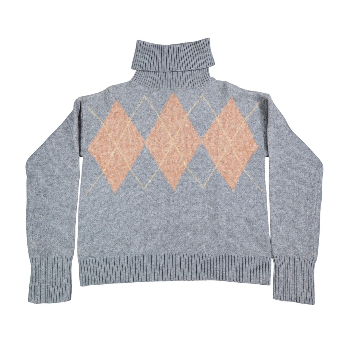 Gray and peach Hem & Thread argyle turtleneck sweater, full front view