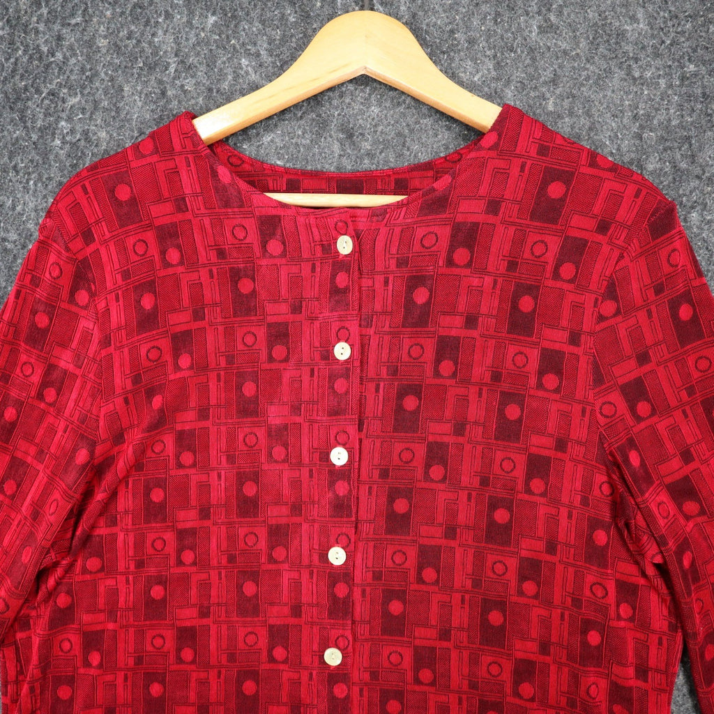 N Touch Blouse Womens Medium Vintage Red Black Geometric Button Front 3/4 Sleeve - take2supply