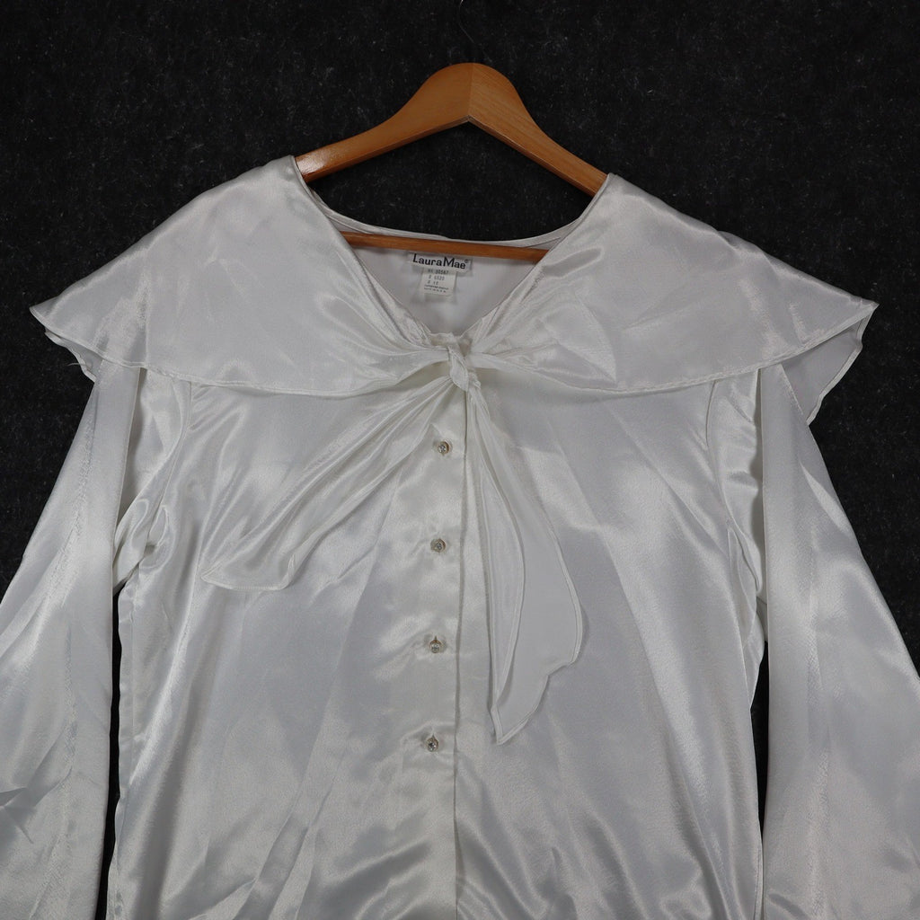 Laura Mae Blouse Womens 12 Vintage 80s White Satin Sailor Collar Tie Neck 6620 - take2supply