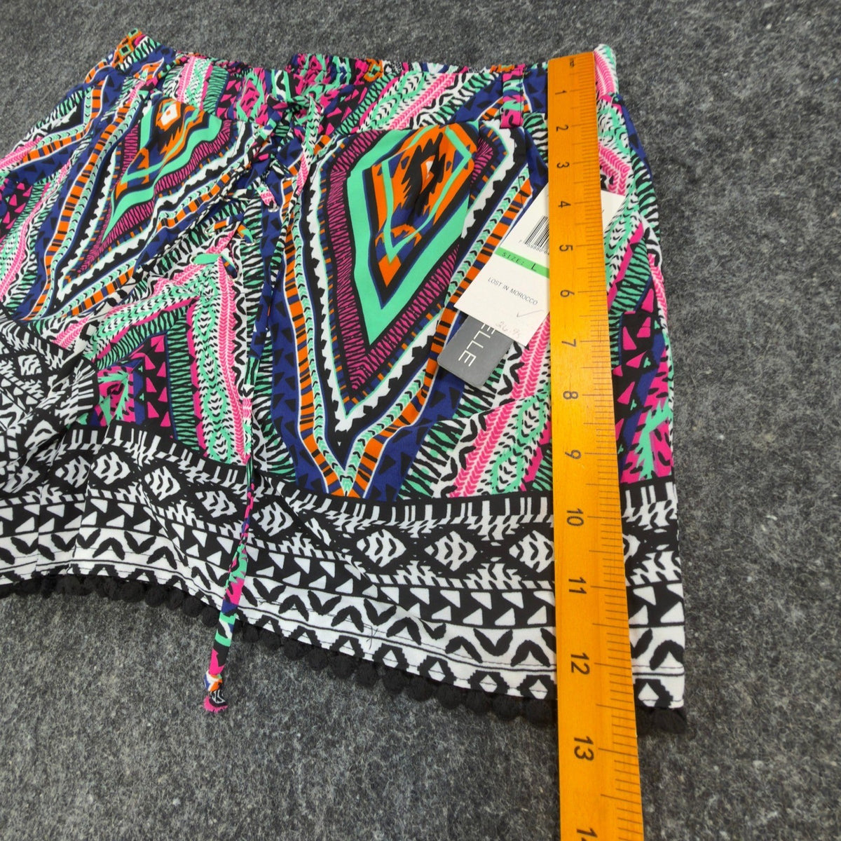 Multicolor My Michelle geometric-print drawstring shorts, outer length ruler view