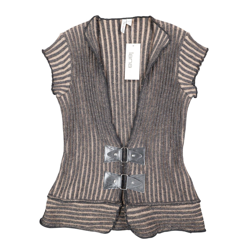 Lanalee Chic Knits Cardigan Vest Womens Medium Y2K Taupe Ribbed Buckle Front NEW - take2supply