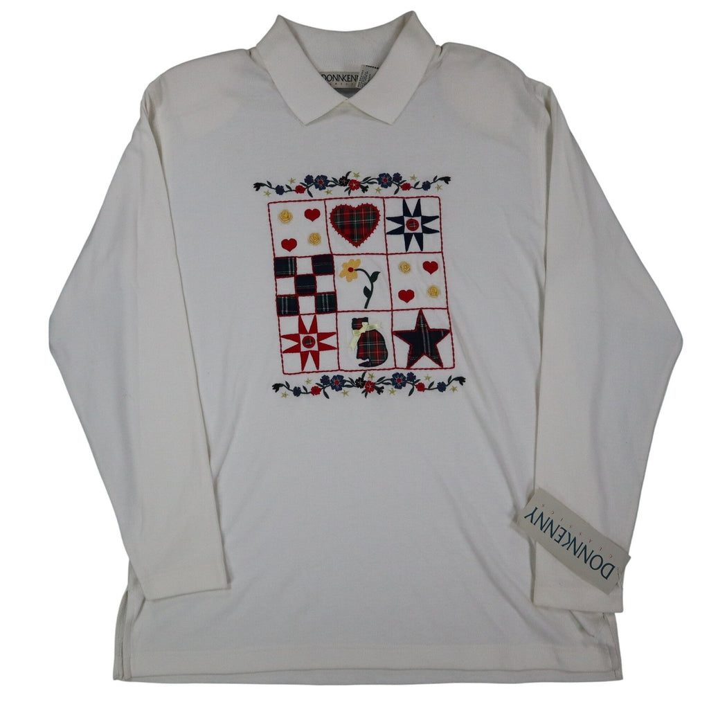 Donnkenny Classics Polo Shirt Womens M Vintage 90s White Embroidered Cat NWT - take2supply