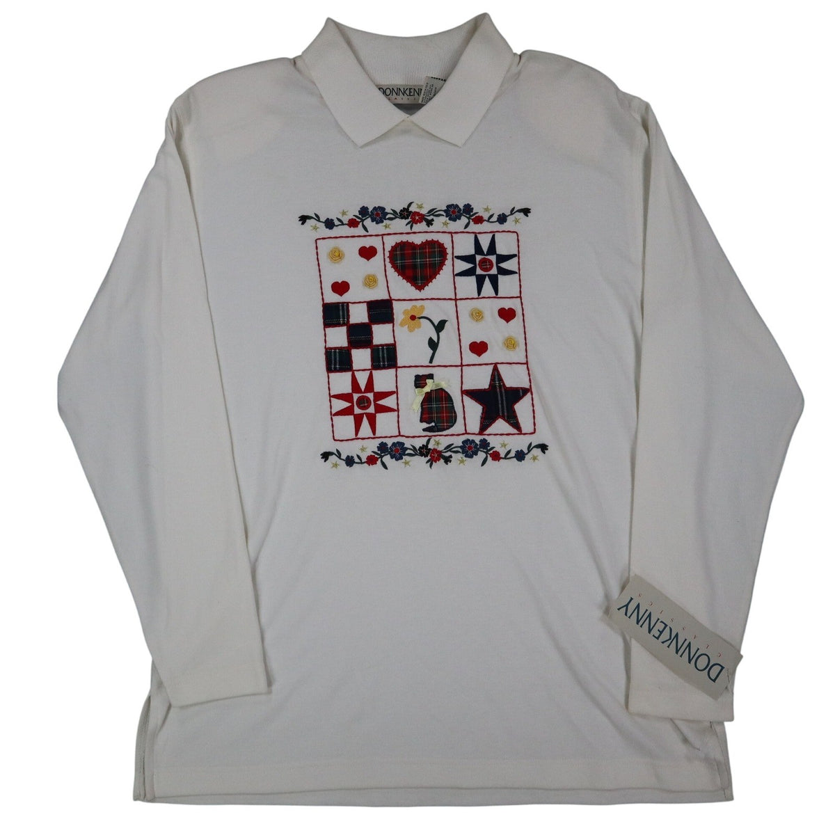 Donnkenny Classics Polo Shirt Womens M Vintage 90s White Embroidered Cat NWT - take2supply
