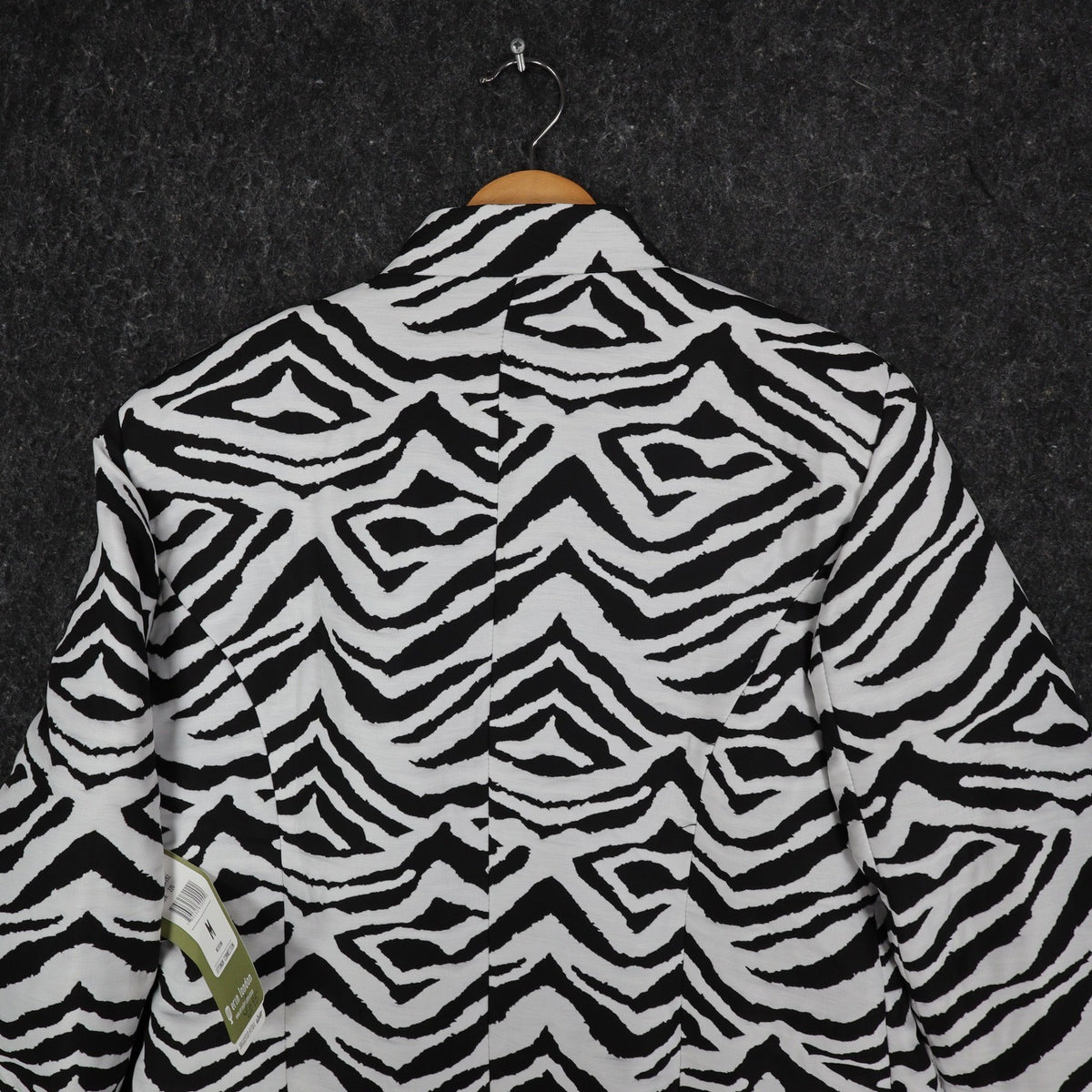 Close-up of the back of black and white zebra-print Erin London blazer