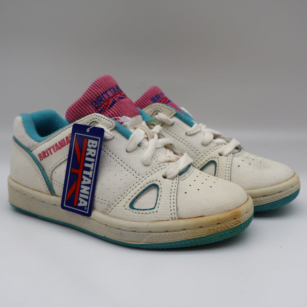 Brittania Sneakers Kids Size 1.5 Vintage 80s White Leather Teal Pink B98543G - take2supply
