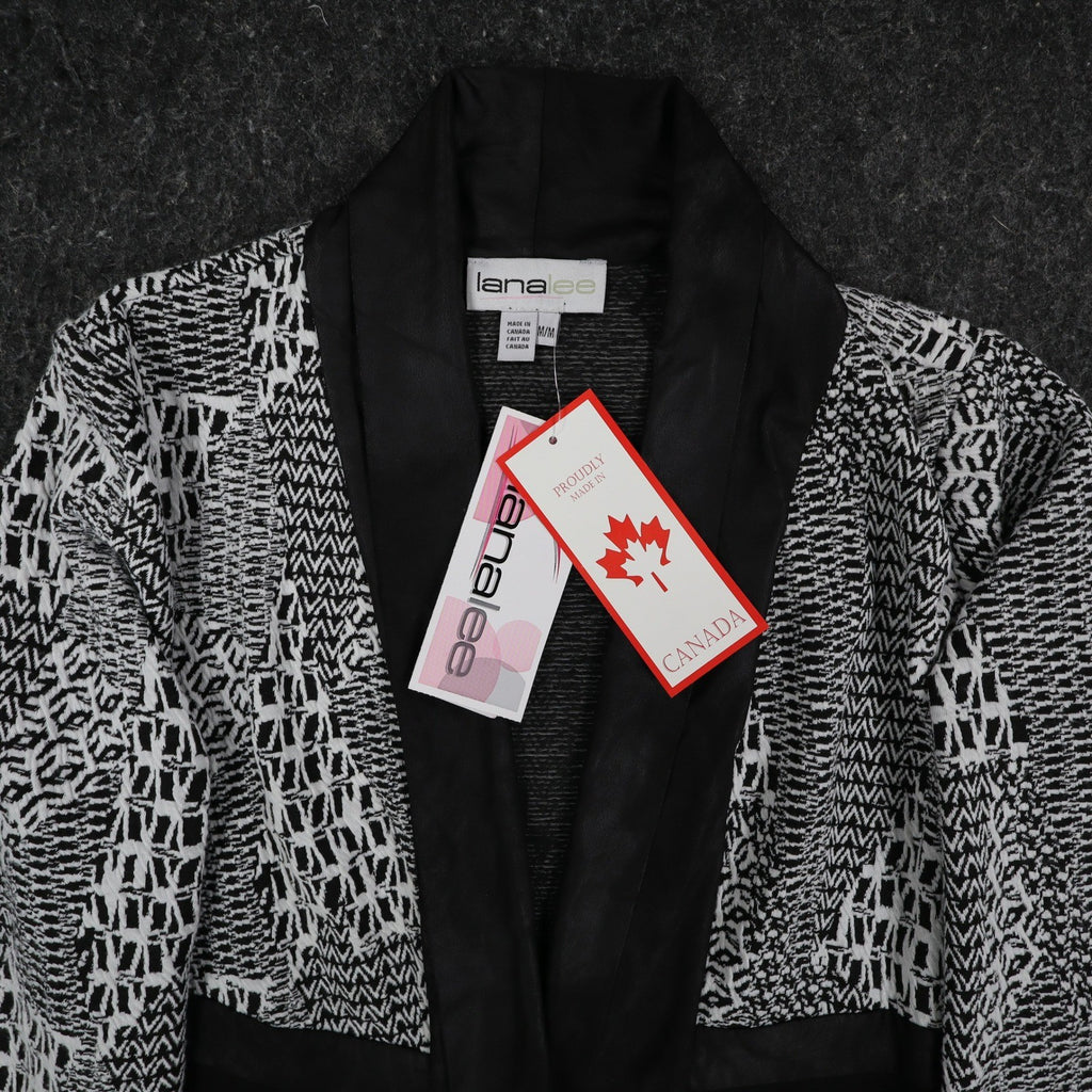 Lana Lee Cardigan Jacket Womens Medium Black White Geometric Open Front NWT - take2supply