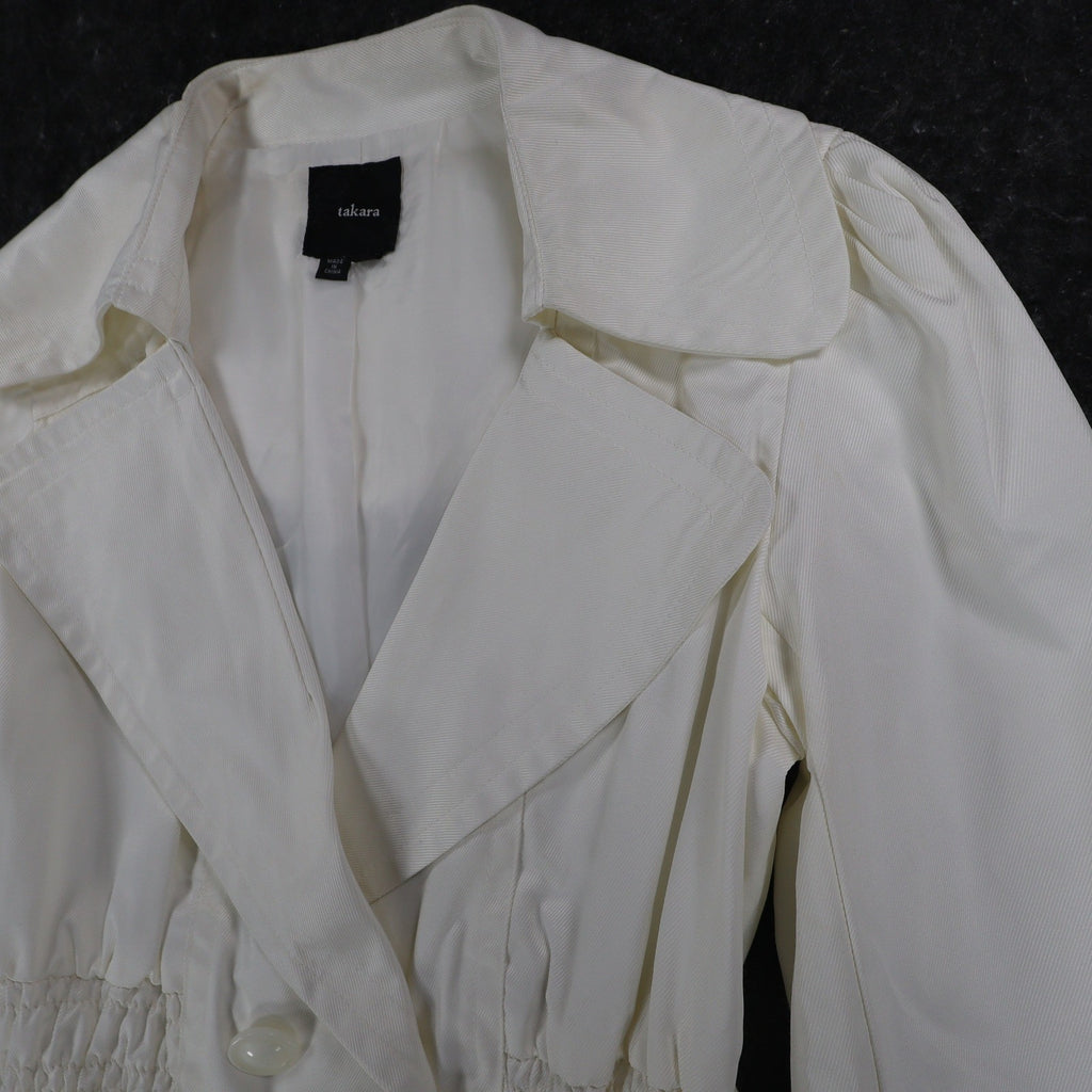 Takara Trench Coat Womens M White Belted Double Breasted Smocked NOS NWT - take2supply